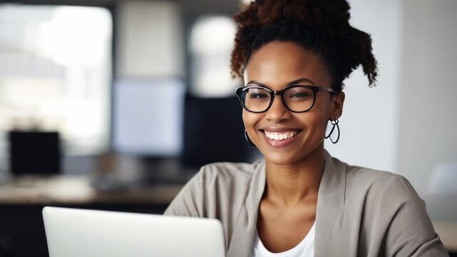 クリエイティブオフィスでプロジェクトに取り組む黒人女性開発者が笑顔でノートパソコンを操作