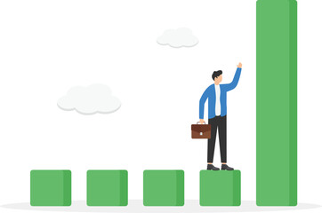 a man in a business suit stands on a chart before a rising column,

