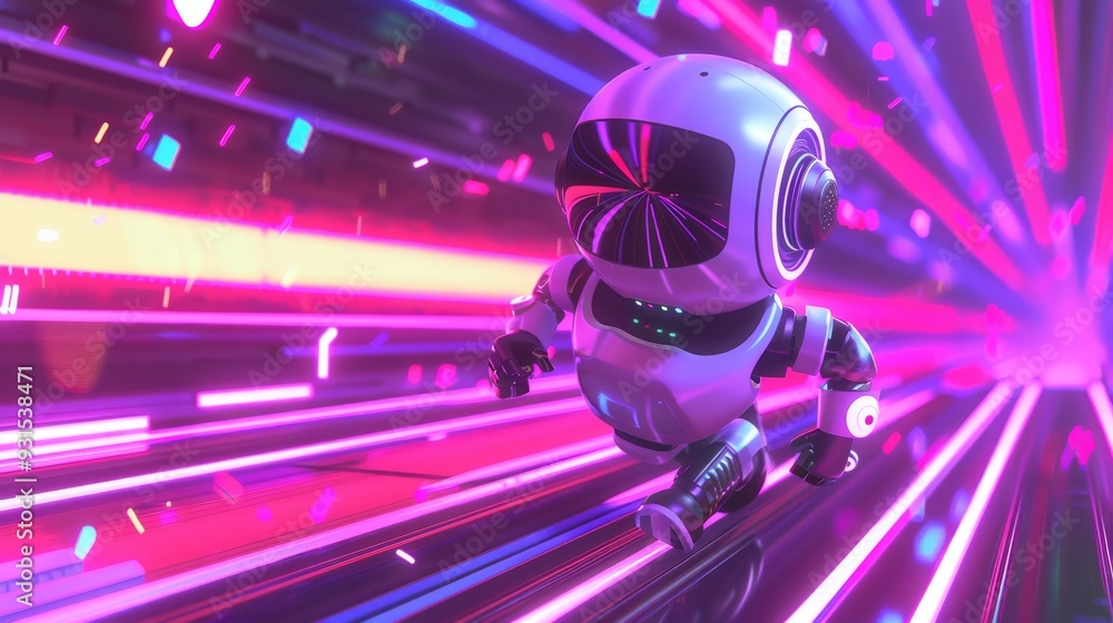 Poster neon illuminated background with futuristic robotic figure running