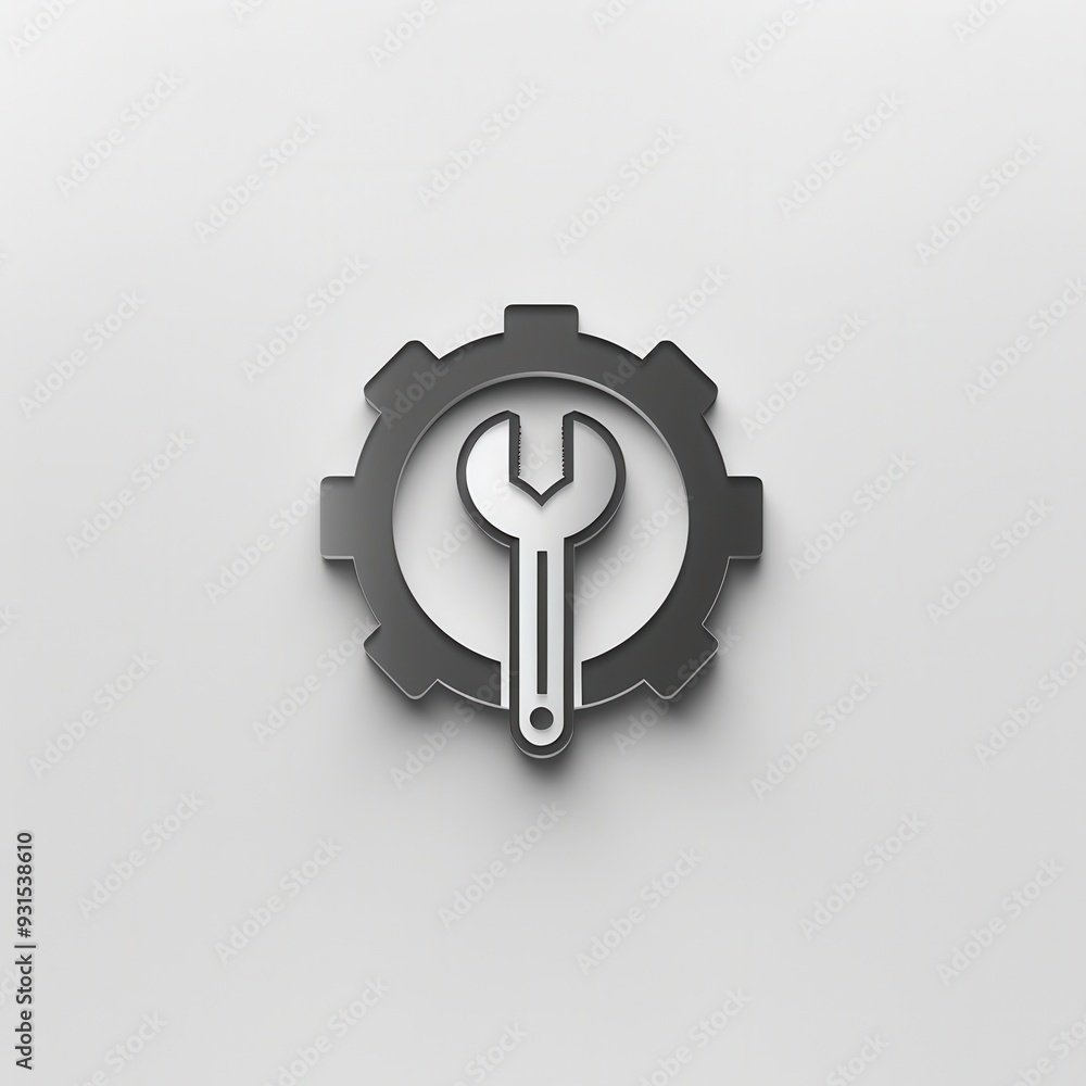 Poster a minimalistic logo showcasing a gear with a wrench integrated, symbolizing tools and engineering se