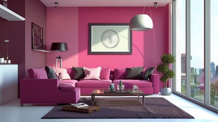 A modern living room with a pink accent wall and contemporary furniture, creating a stylish space