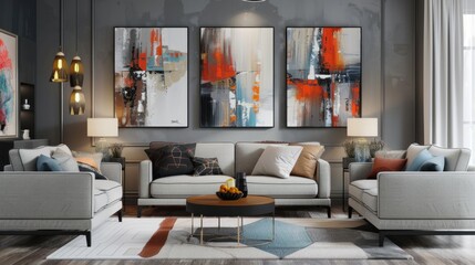 A modern living room with gray walls, contemporary furniture, and abstract art on the walls