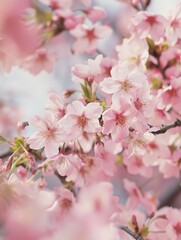 Fototapeta premium Delicate pink cherry blossoms in full bloom, creating a soft and serene atmosphere.