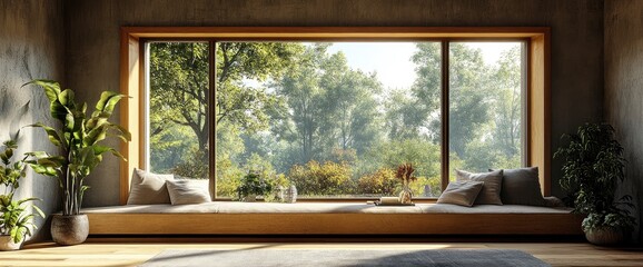 Modern Living Space With A Wooden Window Frame And Contemporary Design Elements
