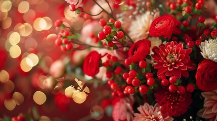 Red gold color flower decor for Chinese New Year celebration Girl woman florist decorator organizer of events parties wedding planner making floral arrangement festive bouquet table de : Generative AI