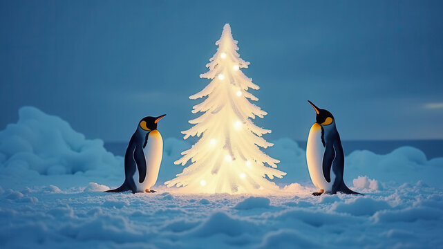 Cute penguins with christmas tree