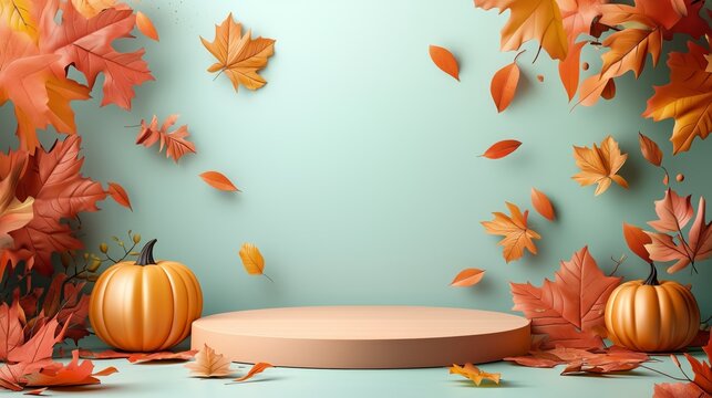 Autumn Display Podium Decoration Background with Autumn leaves and empty minimal podium pedestal product display.Background or banner template for the design of Autumn and Fall Banners