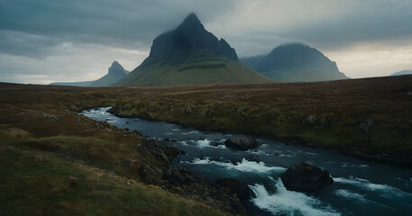 River flowing through landscape with mountains in background