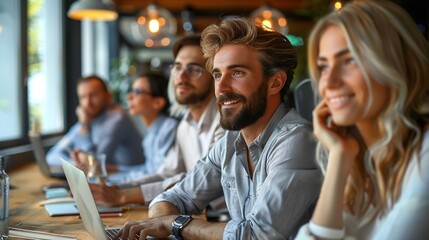 Obraz premium Group of young business people using laptop having a meeting or presentation and seminar in the office : Generative AI