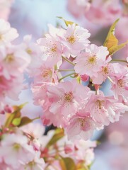 Delicate pink cherry blossoms in full bloom against a soft blue background.