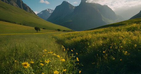 Obraz premium Hiking trail crossing blooming meadow in high mountains