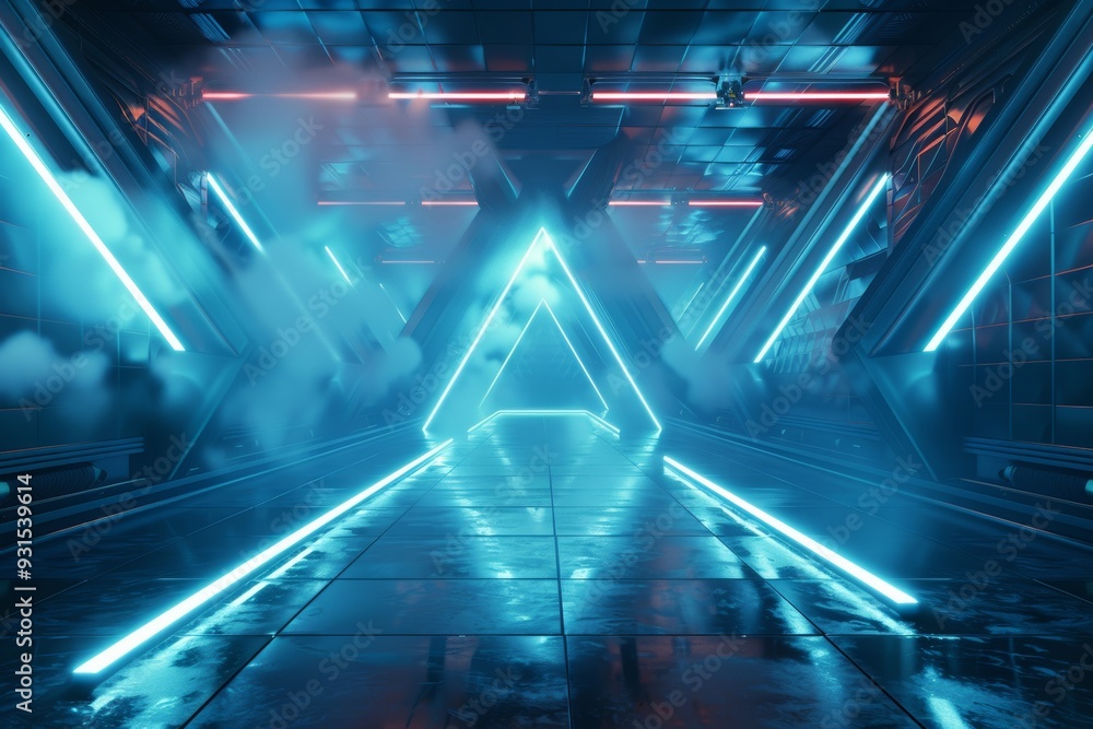 Poster this illuminated triangular corridor merges technology with design, with blue lighting and reflectiv