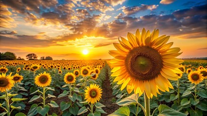 Fototapeta premium Field of sunflowers with the sun setting in the background, sunflowers, field, sun, sunset, golden hour, nature, landscape