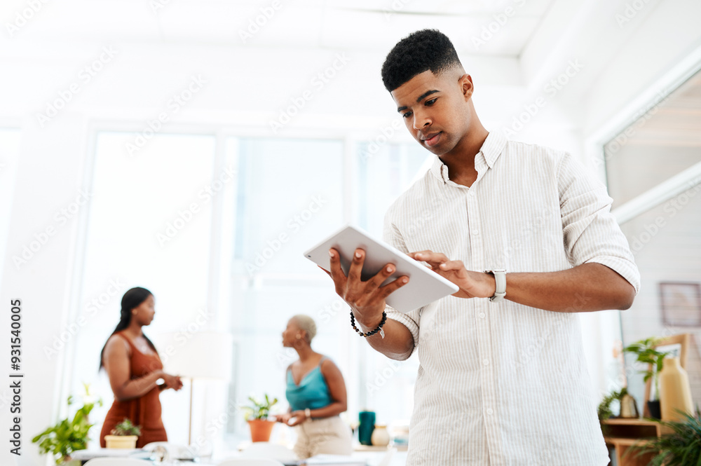 Poster Planning, business man and tablet in office for connection, typing and networking with online client. Professional, career and employee as multimedia producer for digital, editing and creative agency