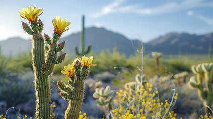 Saguaro cactus blooming Brown Mountain Desert Botanical Garden Phoenix Arizona : Generative AI
