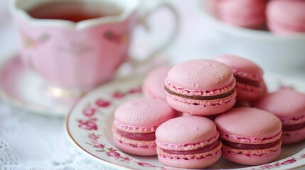 Obraz premium A plate of pink macarons arranged neatly, ready to be enjoyed with a cup of tea