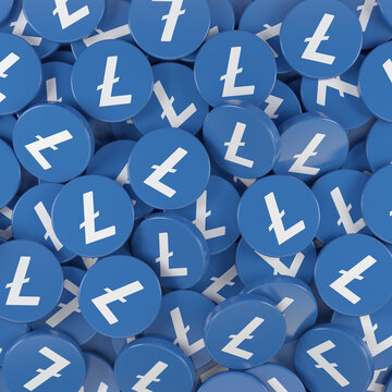3d rendering of many round buttons with the logo of the cryptocurrency Litecoin (LTC) - business concept.
