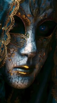 Video vertical recreation of woman eyes behind a venetian carnival mask