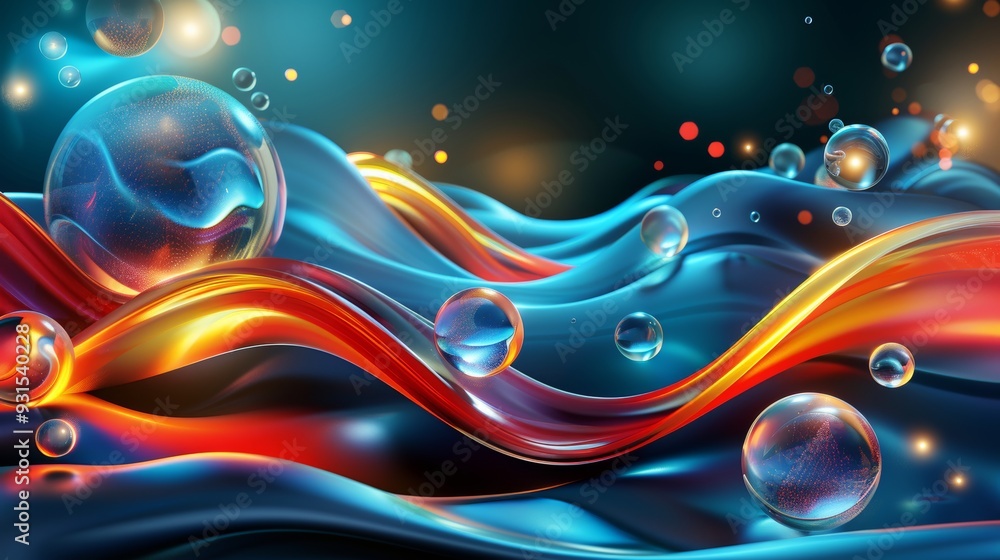 Poster modern tech and science background featuring undulating blue waves, futuristic circuits, and neon-li