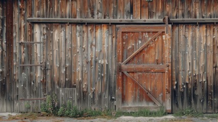 Naklejka premium A rustic barn door with a weathered brown finish, adding charm to a countryside scene