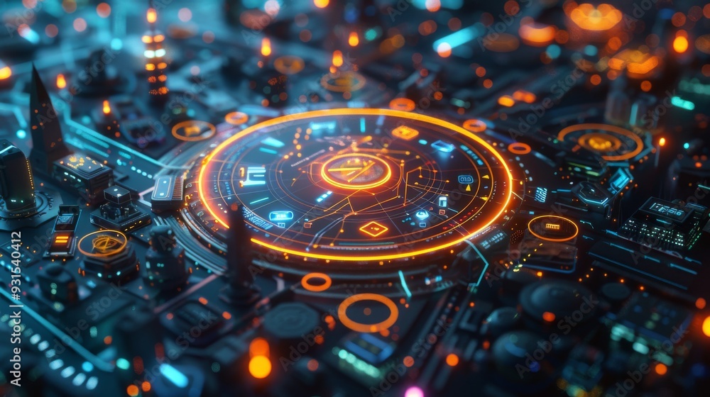 Poster the interface glows with orange lights and intricate patterns. we recommend using this for tech conc