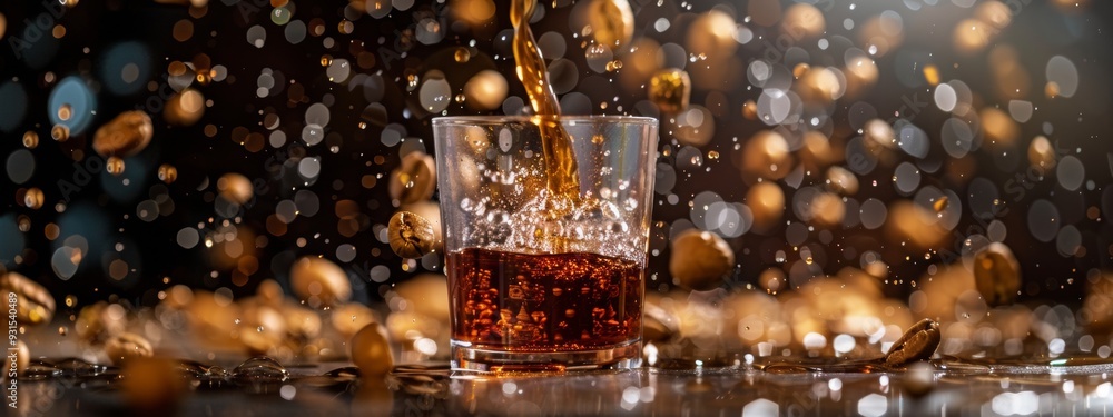 Poster dynamic coffee splash with coffee beans and bokeh effect