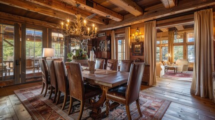 A rustic dining room with a wooden table, brown chairs, and a chandelier, creating a warm setting