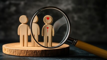 Magnifying Glass on Wooden Figurines with Hearts