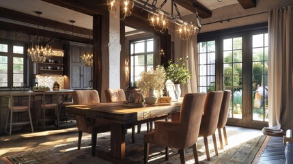 Fototapeta premium A rustic dining room with a wooden table, brown chairs, and a chandelier, creating a warm setting