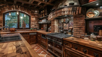 A rustic kitchen with brown brick walls and wooden countertops, creating a warm and earthy feel