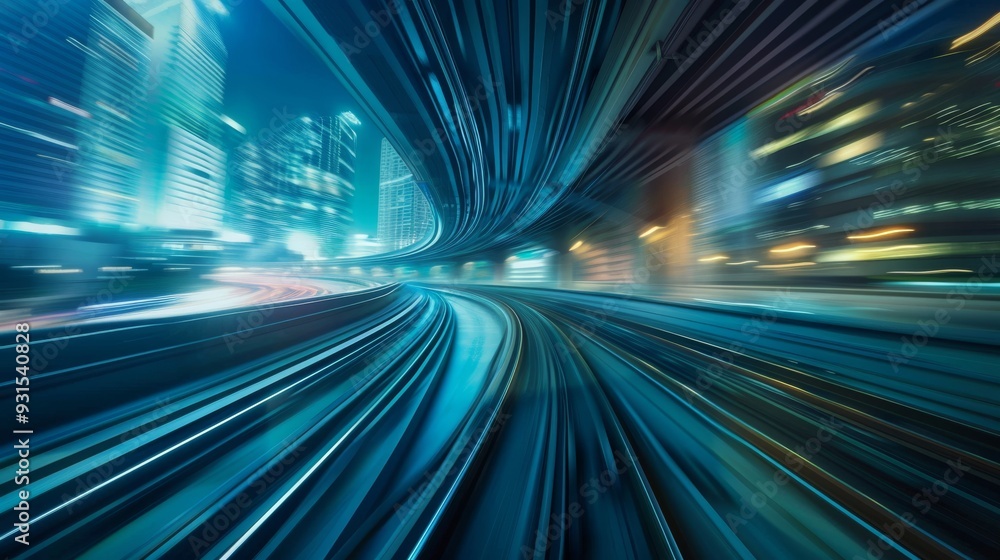 Poster a curved tunnel with a metallic design and a vivid light trail creates a sci-fi and futuristic envir