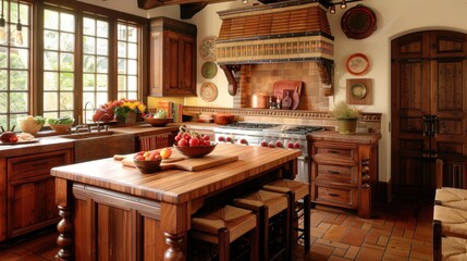 A rustic kitchen with wooden countertops and brown cabinets, creating a warm and inviting space