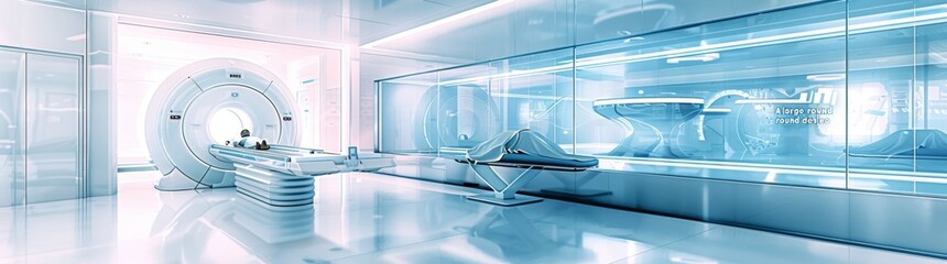 Naklejka premium A futuristic, serene, and sterile medical room features a glowing MRI scanner