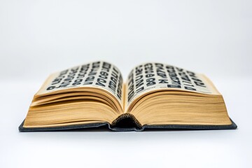 Obraz premium An open book with thick pages and large black letters visible, capturing the essence of reading, studying, and the emphasis on text and typography.