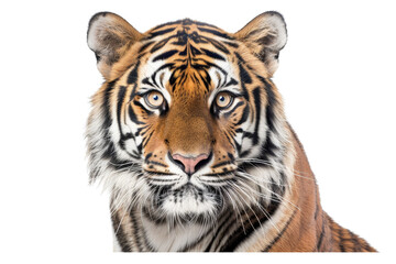 Obraz premium Detailed portrait of an Asian Bengal tiger, looking intently at the camera, isolated against a white background, emphasizing its majestic appearance and expressive eyes