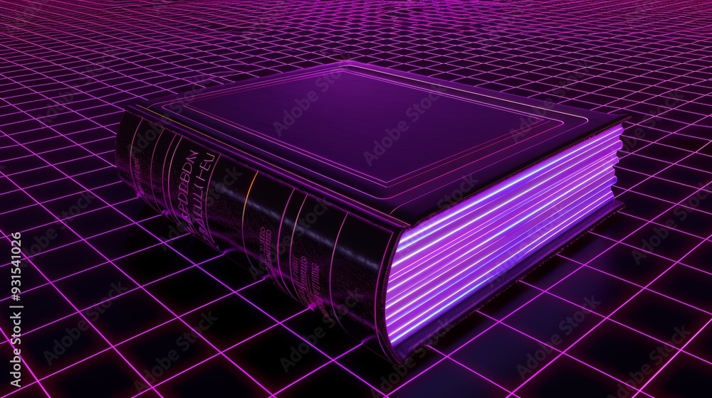 Poster the image shows a glowing book on a reflective surface with a grid of glowing lines behind it.