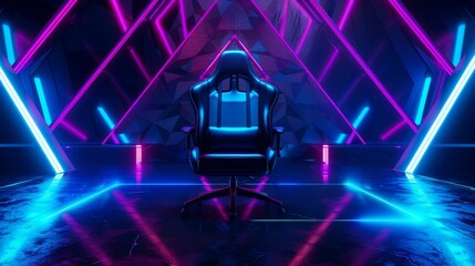 In a minimalist, metallic future-oriented background, a sleek, silver, ergonomic chair reflects blue light and hovers.