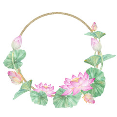 Lotus frame. Watercolor illustration lotuses and leaves hand drawn, lotus flower frame for design