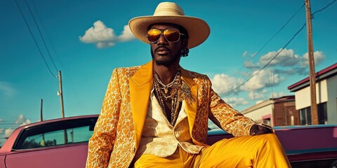 pimp - african american man in gaudy suit, hat, and sunglasses with drip