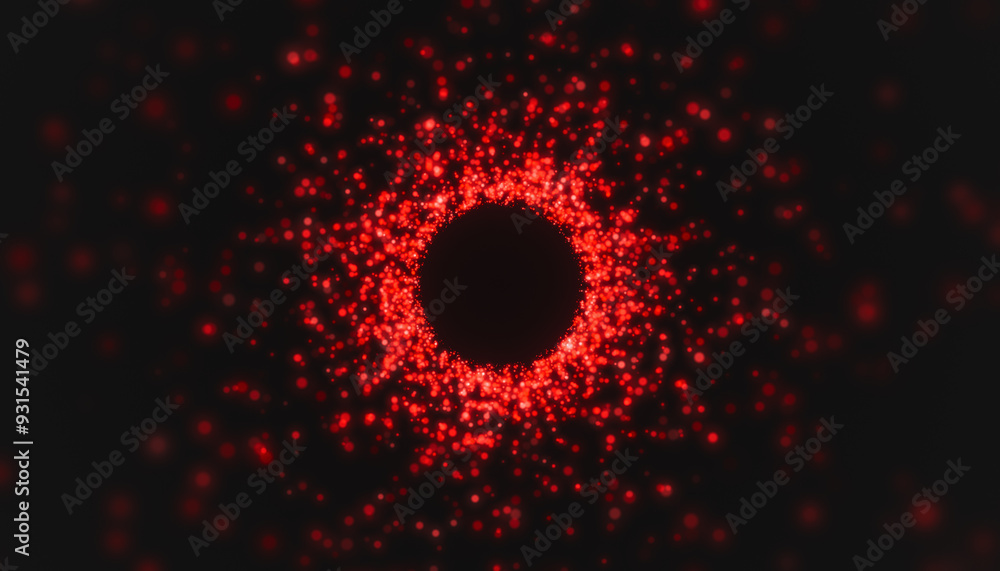 Poster illustation of red particles in a tunnel on a dark background - abstract background.