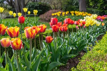 A vibrant garden scene with a mix of colorful tulips in red, yellow, and orange, bordered by neatly trimmed hedges.