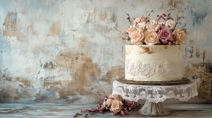 A muted birthday backdrop with antique lace and vintage charm