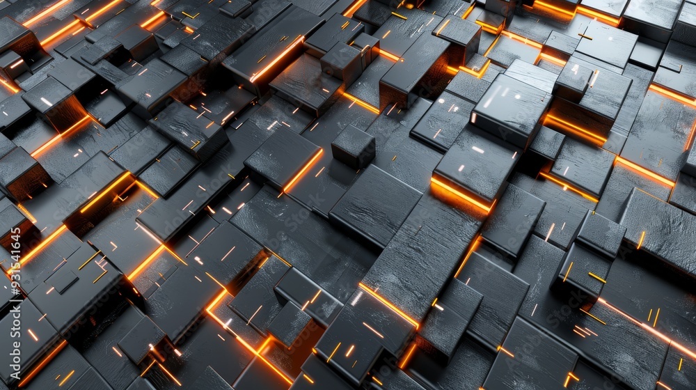 Poster an abstract metallic surface with glowing orange grid lines that is perfect for modern digital desig