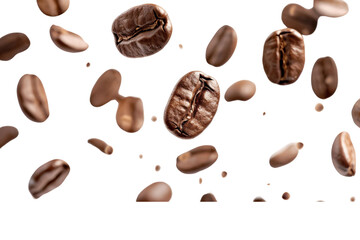 Fototapeta premium Detailed view of many brown coffee beans in mid-flight, isolated on a clean white background, capturing their smooth surfaces and deep, rich hues