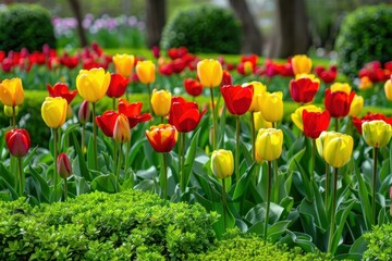 Obraz premium A vibrant garden scene with a mix of colorful tulips in red, yellow, and orange, bordered by neatly trimmed hedges.