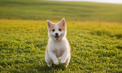 Happy puppy running on grass in open field
