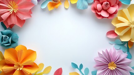 Obraz premium Colorful paper flowers arranged in a border on a white background, creating a blank space for text or images.