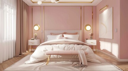 A stylish bedroom with pink walls, white bedding, and gold accents, creating a luxurious feel