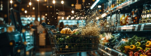 Naklejka premium Motion blur of a grocery cart with fresh produce in a vibrant supermarket