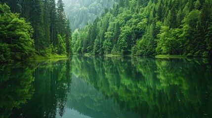 Obraz premium A tranquil lake surrounded by dense green forest, reflecting the trees in the water